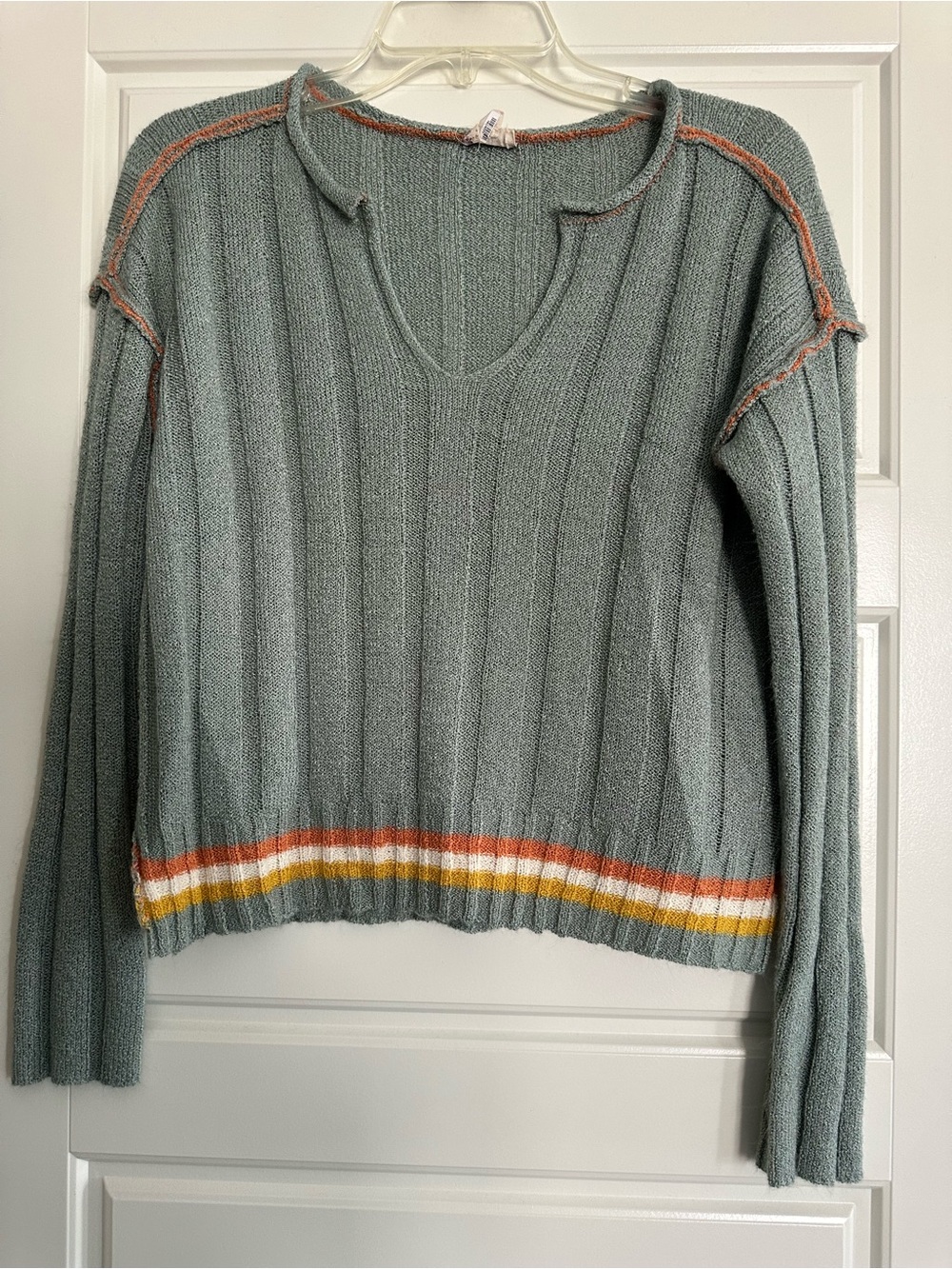 Hem & Thread Sage Ribbed V-Neck Sweater with Orange and Yellow Stripes
